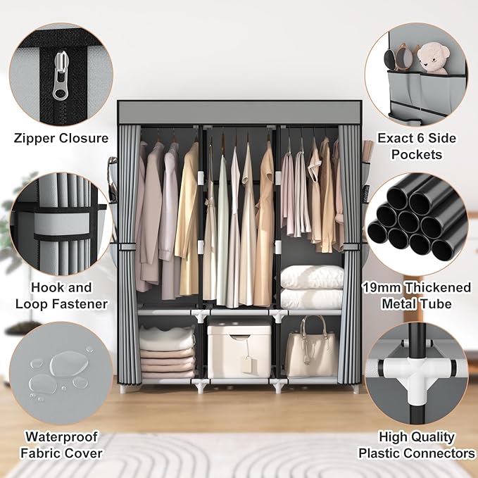 VTRIN Portable Closet Wardrobe for Hanging Clothes Closet with Cover, 3 Hanging rods, 6 Storage Shelves and Side Pocket, Diam
