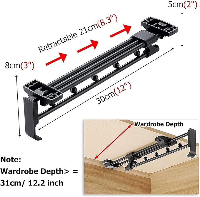 Wardrobe Clothes Hanger Rail - Heavy Duty Retractable Closet Pull Out Rod, 25-45Cm Pull-Out Clothes Rail, Extendable Wardrobe