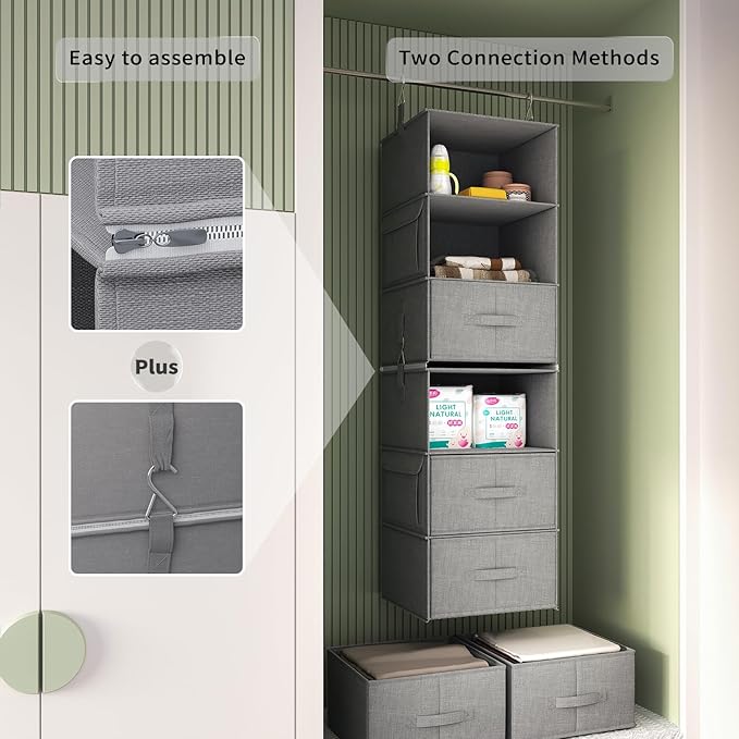 Vailando 6-Tier Hanging Shelves for Closet, Two 3-Shelf Hanging Closet Organizer w/ 4 Side Pockets and 3 Drawers, Combinable 