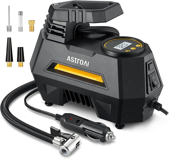 AstroAI Tire Inflator Portable Air Compressor Air Pump for Car Tires-Car Accessories, 9.8Ft Cord-12V DC-Powered Auto Pump with Digital Pressure Gauge, Emergency LED Light for Bicycle, Balloons, Yellow