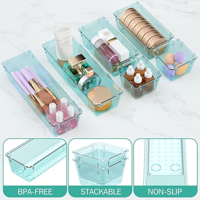 WOWBOX 9 Pack Clear Drawer Organizer Set, Acrylic Drawer Storage Trays, Storage Bins for Makeup, Cosmetics, Jewelries, Utensi