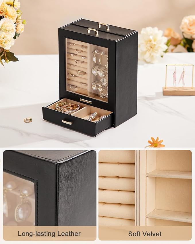 Homde Jewelry Organizer Girls Women Jewelry Box for Necklaces Rings Earrings Gift Bracelets Storage Case (Black + Gold)