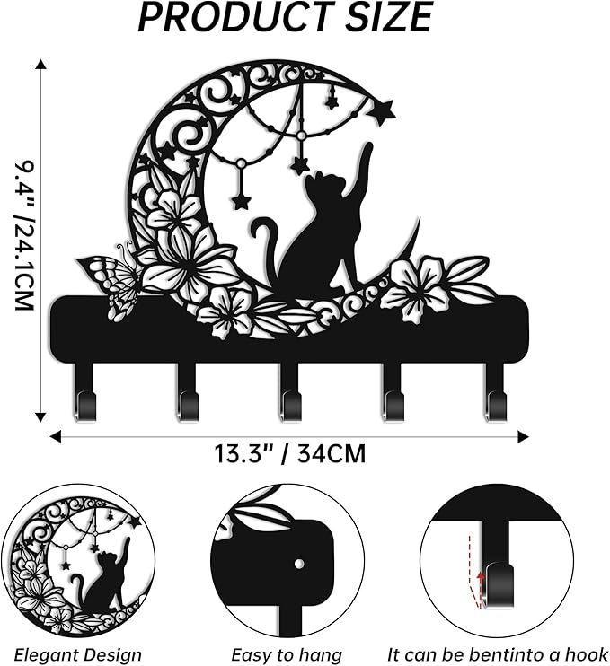 Cat Key Holder Wall Mount, Floral Moon and Star Metal Key Hanger with Butterfly, Cute Wall Decor with Storage, 13.4x9.5 Inch 