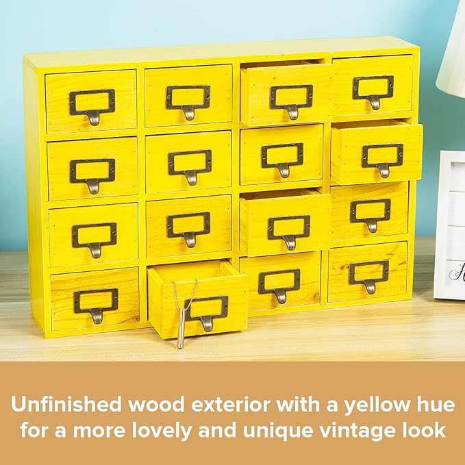 Yellow 16-Slot Wooden Drawer Unit - Country Style Desk Organizer - 20"x3.6”x14” Wooden Storage Box w/ 16 Drawers - Countertop