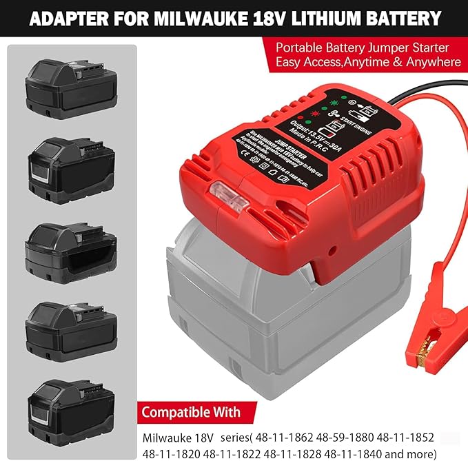 Jumper Start for Milwaukee Battery 18V for M18 Li-ion, Car Jump Starter Cables Adapter for 12V Car Up to 3.5L Gas or 3.5L Diesel Engine, with 11AWG Cable and Clamp Kit (Battery Not Included)