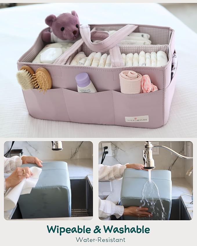 Lily Miles Baby Diaper Caddy Organizer, Wipeable Diaper Organizer Basket with 8 Pockets for Newborn Essentials, Baby Shower G