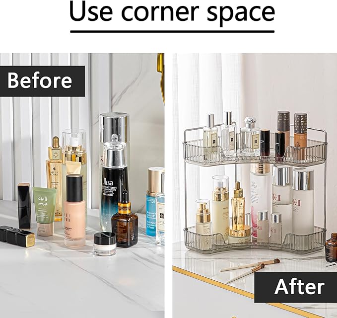 shuang qing 2-Tier Corner Bathroom Counter Organizer – Classic Storage Shelf for Makeup, Perfume & Toiletries, Space-Saving C