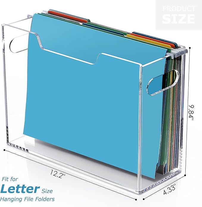 Clear File Box Hanging File Folder Organizer, Letter Size Portable Acrylic File Organizer Box with Handle, Filing Holder for 