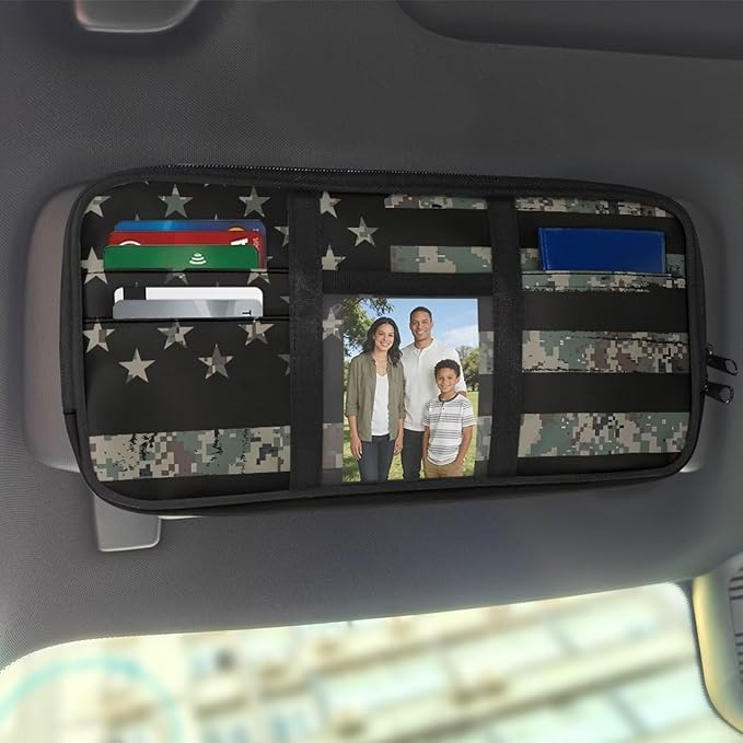 US Flag Print Car Sun Visor Storage Bag 11.81 x 5.9 Inch Multi-Function Organizer for Card Pen Invoice Pouch Case Bag Universal for Car Sun Visor Accessory,Camouflage Flag