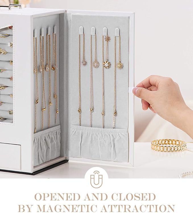 Homde Jewelry Organizer with Transparent Window Necklace Hooks Gift for Women Jewelry Box Display Case for Necklaces Rings Ea