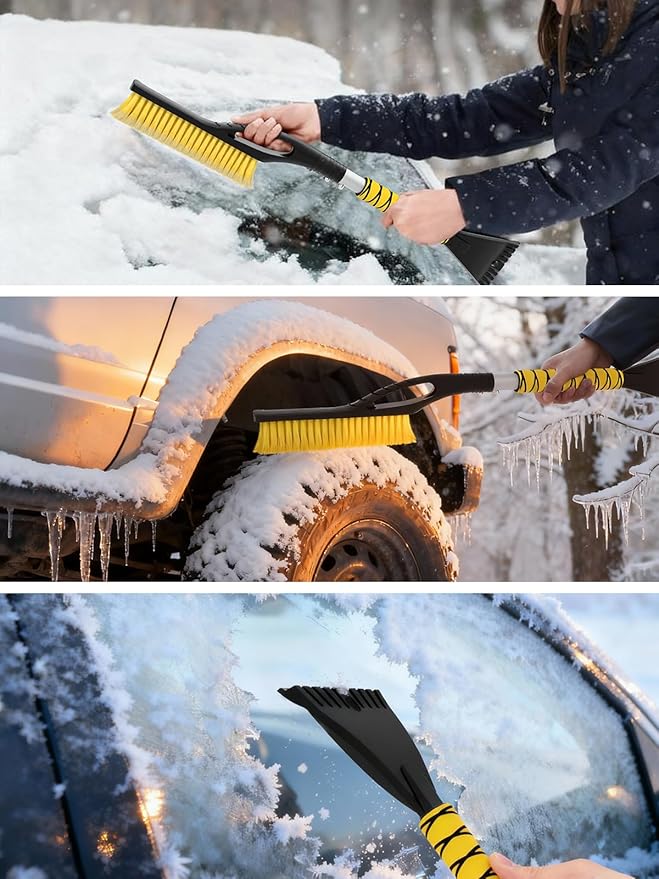 MIKKUPPA 27'' Snow Brush and Ice Scrapers for Car Windshield - Detachable Windshield Scraper, Snow Removal Tool with Curved Connector & Ergonomic Foam Grip for Cars, Trucks, SUVs (Yellow)