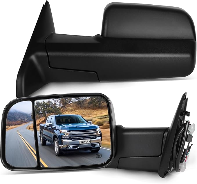 SCITOO Towing Mirrors Compatible With 2009-2015 For Dodge For Ram 1500 2010-2015 For Dodge For Ram 2500 3500 Pickup Truck A Pair(Left Right Side) Power Adjusted Heated No Turn Signal Black Housing