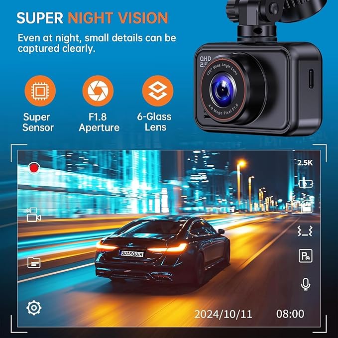 Dash Cam Front and Rear, 2.5K Dual Dash Camera for Cars, 2560P Mini Car Camera, 2 inch IPS Screen, WDR Night Vision, 24 Hours