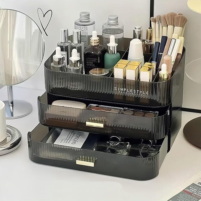 Makeup Organizer for Vanity, Large Desk Organizer with Stackable Drawer for Cosmetics, Skincare, Lipsticks, Palette, Nail Car