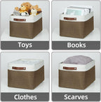 HNZIGE Fabric Storage Baskets (3 Pack) - Decorative Foldable Shelf Baskets with Leather Handles for Organizing Clothes (Brown