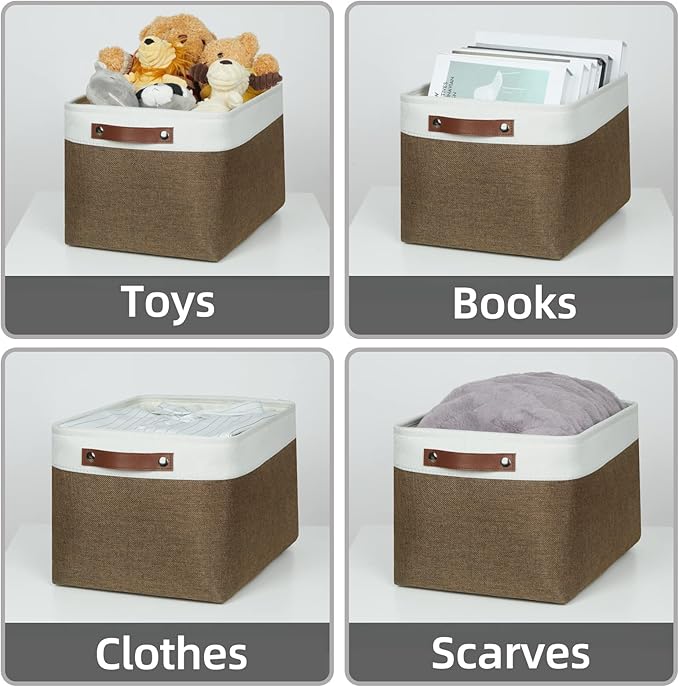 HNZIGE Fabric Storage Baskets (3 Pack) - Decorative Foldable Shelf Baskets with Leather Handles for Organizing Clothes (Brown