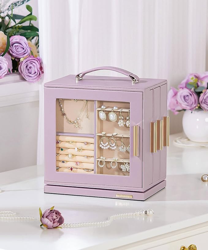 Homde Jewelry Box 360° Rotating, Necklace Earring Organizer with Transparent Window, Mirror, 7 Drawers, Large Ring Display St