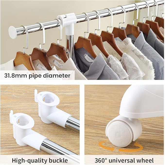 LiaMeE Adjustable Clothing Rack for Hanging Clothes, Heavy Duty Garment Rack with Wheels，Free Standing Rolling Clothes Rack w