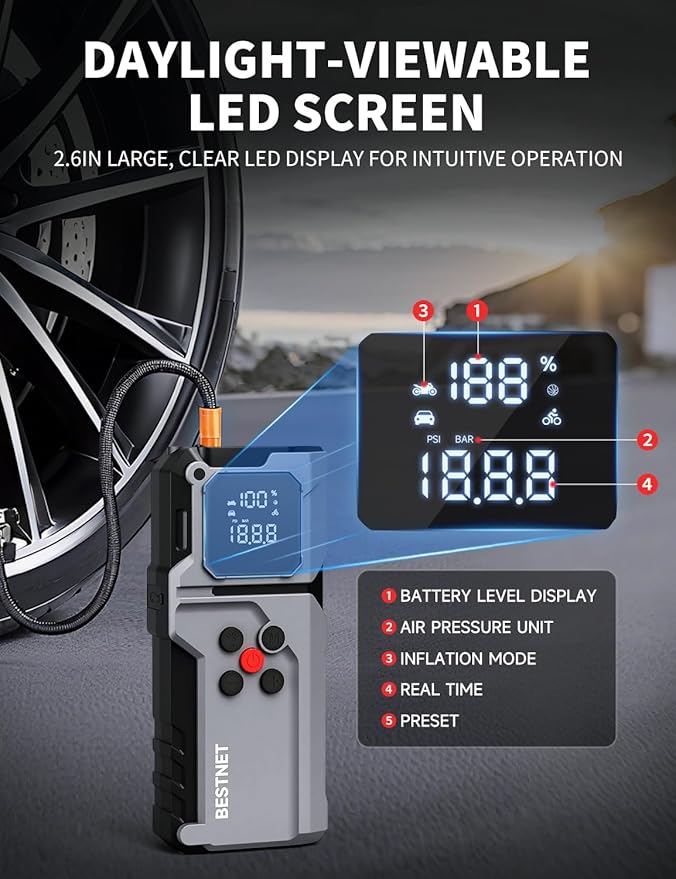 Q27 Jump Starter with Air Compressor, 3000A Portable Car Battery Booster, 150PSI Tire Inflator, Jumper Cables with LED Light, 12V Jump Box for Up to 7.0L Gas & 5.0L Diesel Engines
