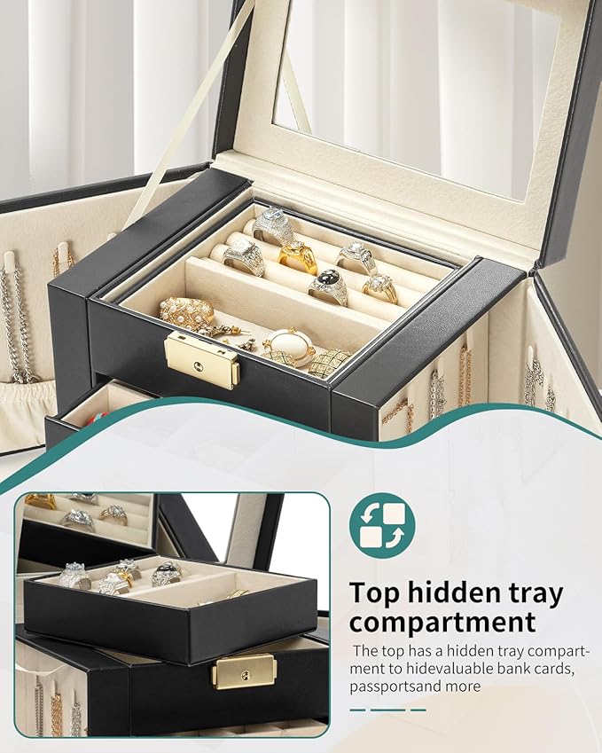 AKOZLIN 5-Tier Jewelry Box Leather Jewelry Storage Organizer with 4 Drawers Lockable for Women Girls Ring Necklace Earring Br