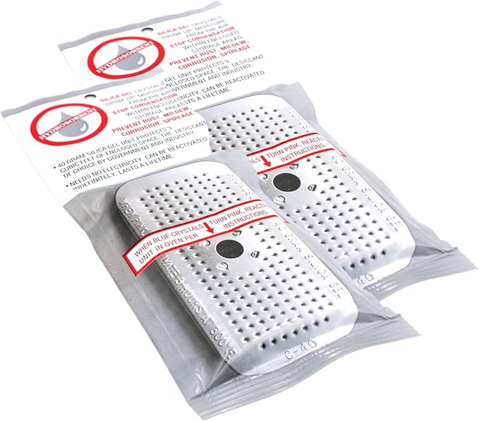 HYDROSORBENT Moisture Absorbers for Cameras, Telescopes, Safes (40gm - 2 Pack). Blue to Pink. Rechargeable, Reusable