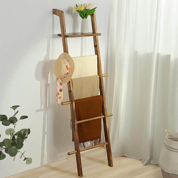 Taozun 67-Inch Wooden Blanket Ladder with Shelf for Living Room - 5-Tier Farmhouse Towels and Quilt Rack Decor - Leaning Wall