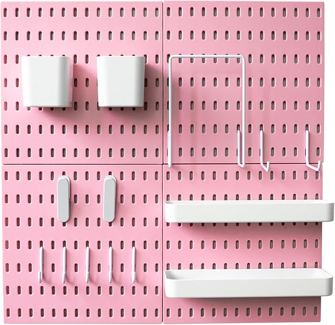 MULSAME Pegboard Combination Kit, Wall Mounted Storage Set with 4 Pegboards & 14 Accessories Hanging, Pink Peg Boards Organiz