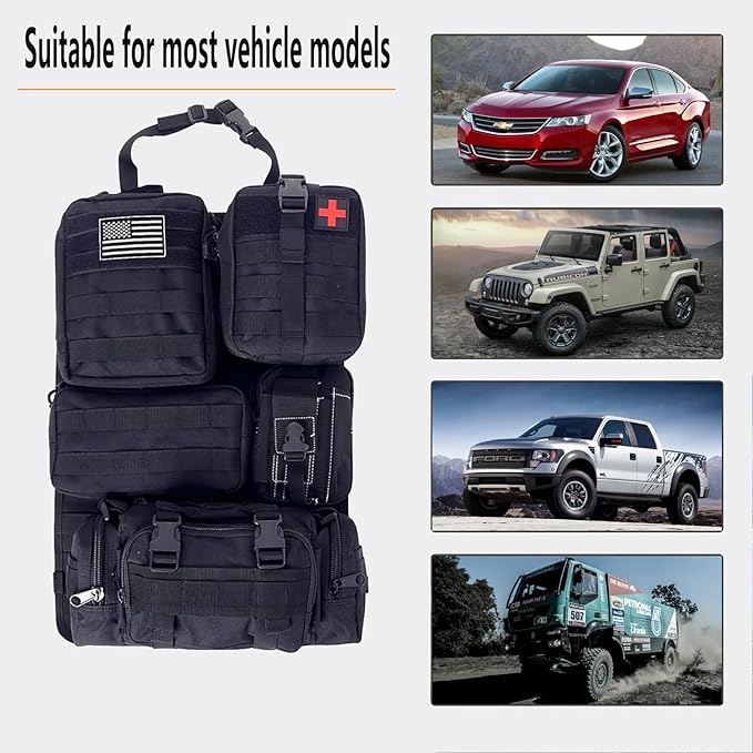 tactical car seat back organizer and storage truck seat covers with a Molle Vehicle Panel and 5 Different Size Molle Pouches for most models such as Jeep,SUV,Pickup(Black)