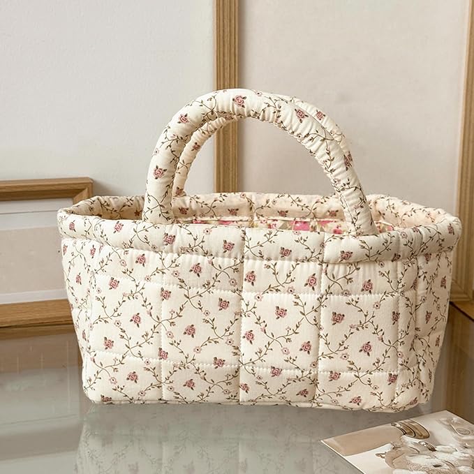 Small Storage Basket Organizer, Mini Fabric Floral Storage Baskets with Handle, Quilted Portable Collapsible Storage (P)
