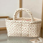 Small Storage Basket Organizer, Mini Fabric Floral Storage Baskets with Handle, Quilted Portable Collapsible Storage (P)