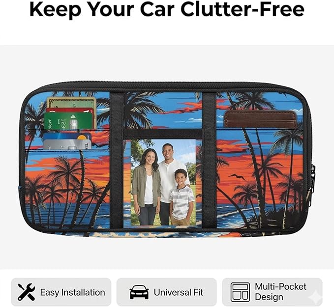 Coconut Tree Zippered Clip on Sun Visor Organizer for Car with Picture Holder Car Sun Visor Glasses Storage Box with Straps and Pockets Easy Installation Universal Fit for Most Cars SUV