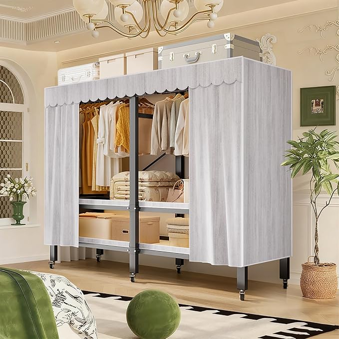 YTLEMON Heavy Duty Wardrobe Closet with Cover, Metal Rolling Clothes Rack, Foldable Portable Closet Organizer System Freestan