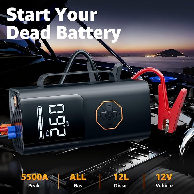 Portable Jump Starter with Air Compressor - 12V Car Battery Jumper Starter Box 5500A (All Gas/12L Diesel) 9-in-1 with Air