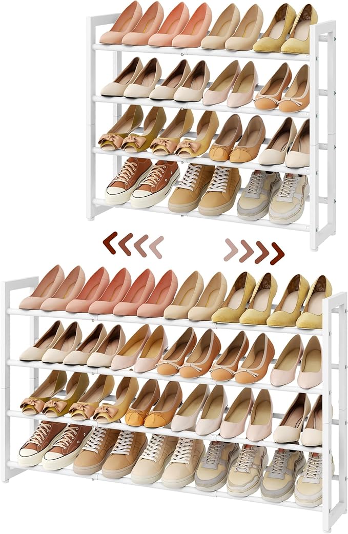 FAVOOSTY 4-Tier Expandable Shoe Rack, Adjustable Shoe Shelf Storage Organizer Space Saving Metal Free Standing Shoe Rack for 