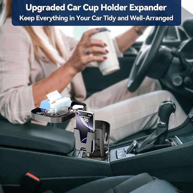 KDD Car Cup Holder Expander - 3 in 1 Cup Holder Adapter with Adjustable Base - Detachable Phone Holder & 360° Rotation Food T