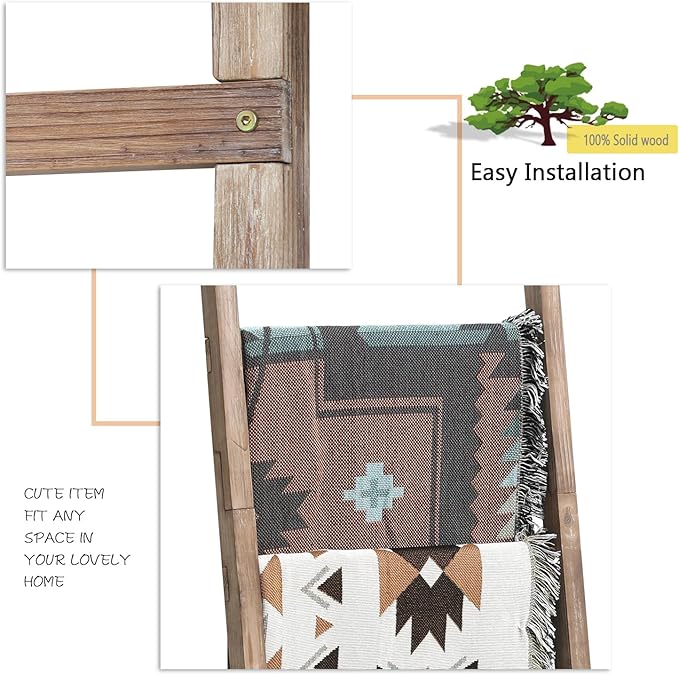 FUIN 6.4ft Extra Wide Wooden Blanket Ladder Living Room Decorative Wal Leaning Farmhouse Quilt Display Holder Rustic Wood Tow