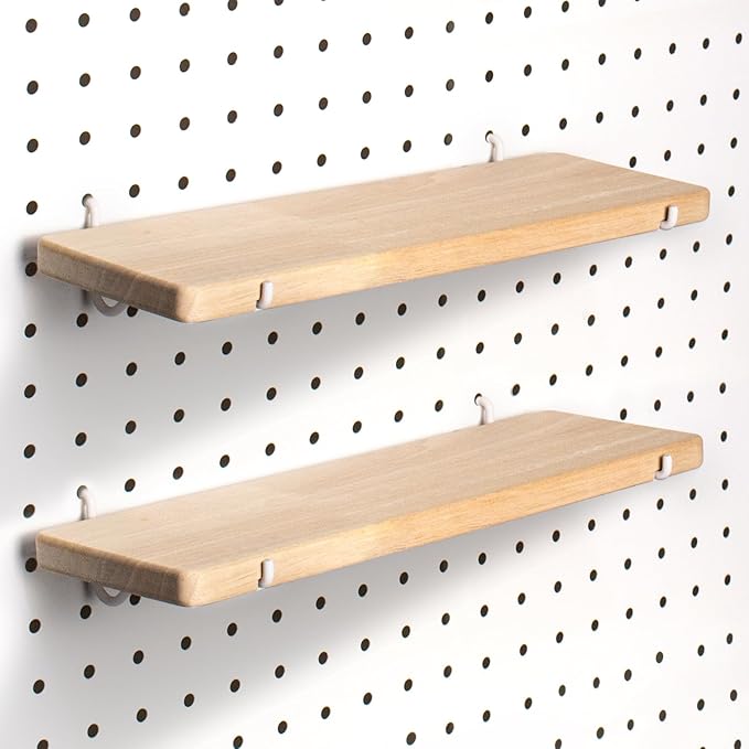 Solid Wood Pegboard Shelf, High Balance and No tilt, Pegboard Accessories, Wooden Pegboard Shelves for 1/4" Metal Pegboard, 2