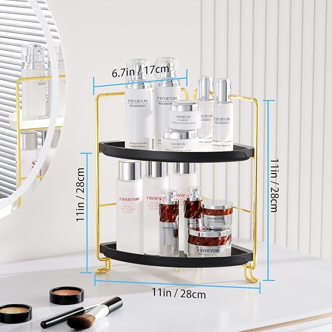 FSyueyun 2-Tier Corner Bathroom Counter Organizer, Tool-Less Installation Vanity Shelf Small Plastics Countertop Makeup Tray 