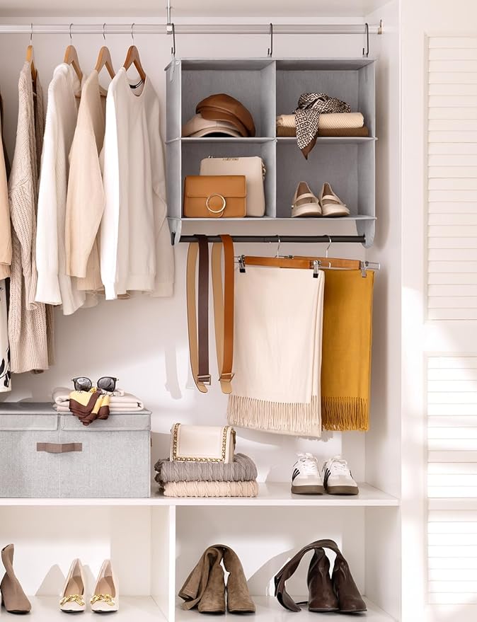 StorageWorks Hanging Closet Organizer with Metal Rod, 4-Section Closet Organizers and Storage, Collapsible Hanging Shelves fo