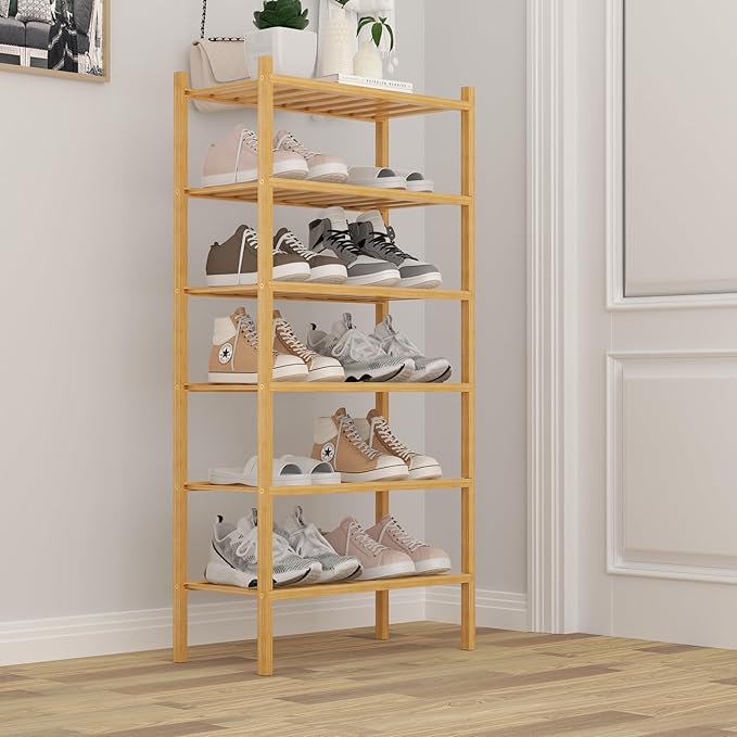 ROMGUAR CRAFT 6-Tier Bamboo Small Shoe Rack, Free Standing Wood Shoe Shelf Storage Organizer for Closet Entryway Stackable (N