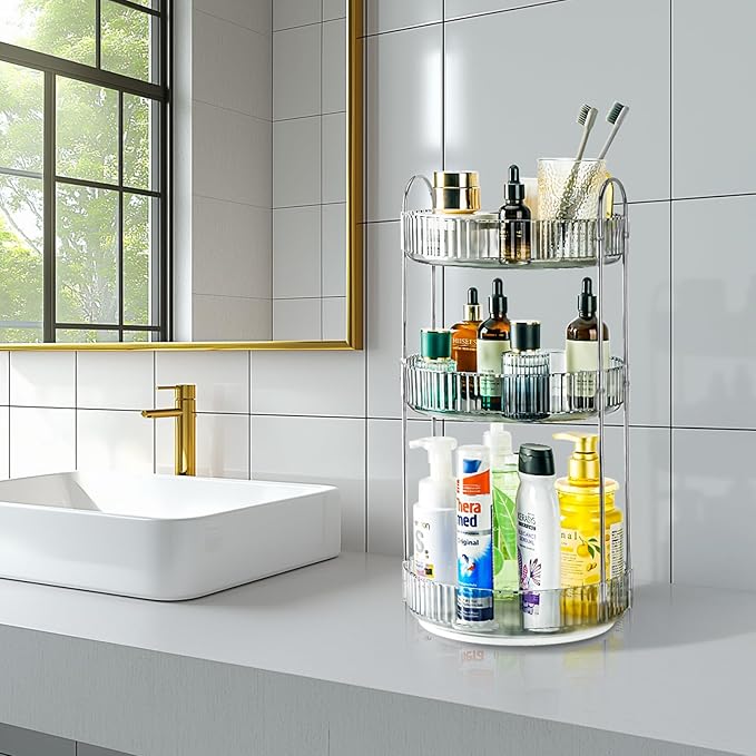 360 Rotating Makeup Organizer, 3 Tier Large Capacity Lazy Susan Bathroom Counter Organizer, Skincare Organizers, Spinning Per