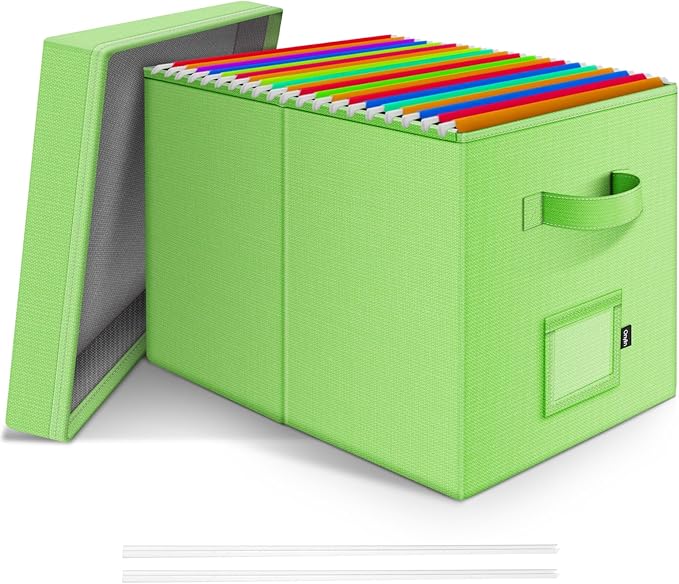File Organizer Box with Lid, Linen Hanging File Storage Box with Handle, Collapsible Document Filling Box for Letter/Legal Fo