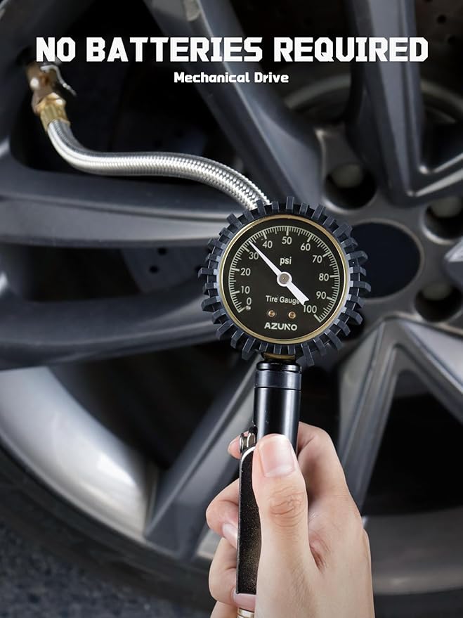 Analog Tire Inflator Gauge with Steel Braided Hose, 100 PSI Mechanical Tire Pressure Gauge – 3-in-1 Inflate/Deflate/Measure, 2.6" Glow Dial, Air Chuck for Car, Truck, SUV, RV, Bike (with Case)