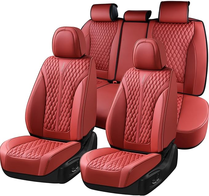 Coverado Car Seat Covers Full Set, Red Car Seat Cover, Luxury Leather Seat Covers for Cars, Waterproof Front and Back Car Sea