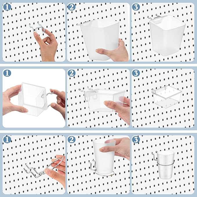 Jinei 12 Pcs Pegboard Bins and Cups with Hooks and Loops Peg Assortment Organizer Accessories Various Tool Organizer Pegboard