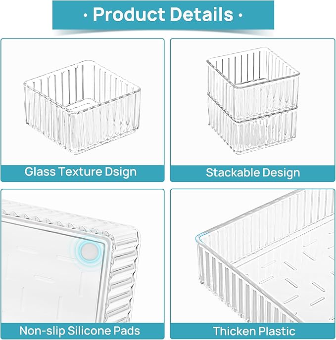 Vtopmart 7 PCS Clear Drawer Organizers Bins, 4-Size Stackable Makeup and Vanity Drawer Organizer Trays, Acrylic Bathroom Draw