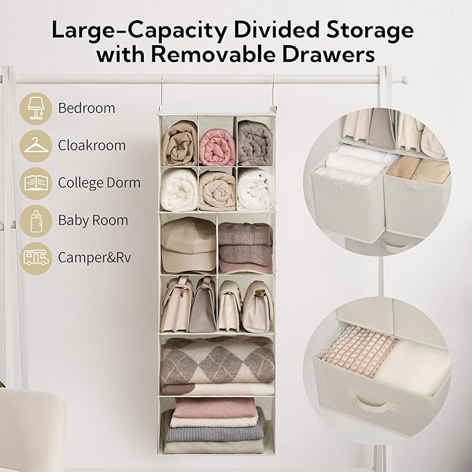 GRANNY SAYS Hanging Closet Organizer with Drawers, 6 Shelf Dividers Closet Hanging Organizer, Portable Foldable Hanging Shelv