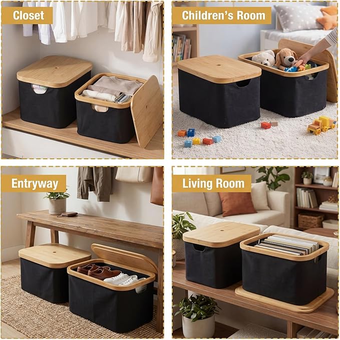 Novabright 2 Pcs Collapsible Storage Basket with Bamboo Lids 15" x 10" Foldable Fabric Storage Bins with Handles for Organizi