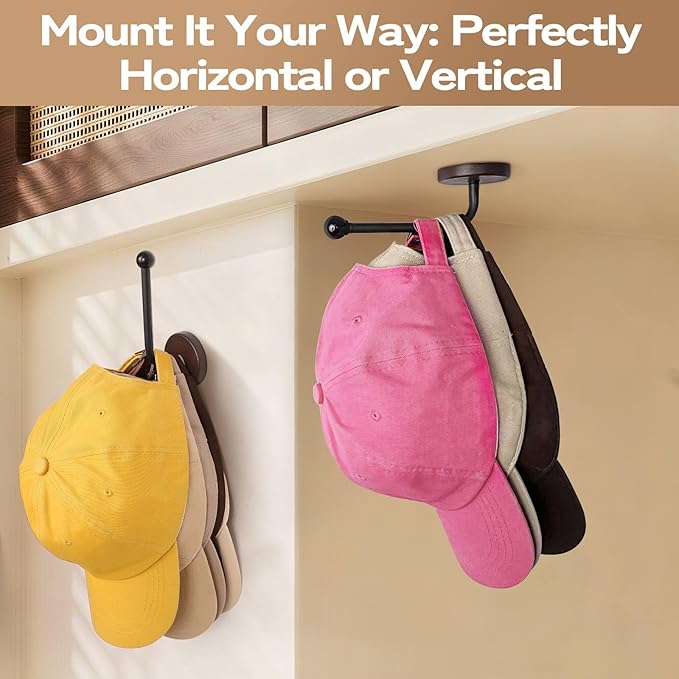 SCUNDA Adhesive Hat Holder Storage Organizer - Wall Mounted & Door Back Hat Rack with Wood Base & Metal Rod for Closet, Cabin
