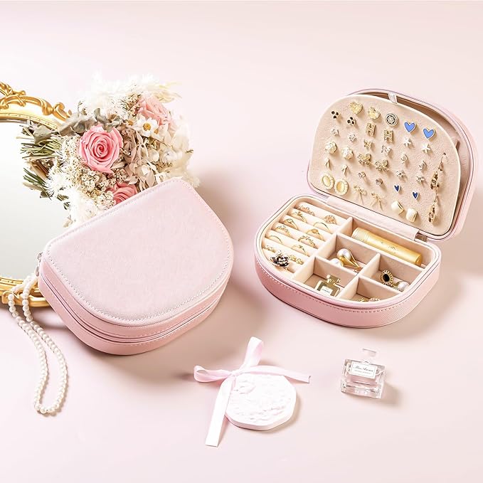 ProCase Travel Size Jewelry Box, Medium Portable Seashell-Shaped Jewelry Case, 2 Layer Jewelry Organizer in PU Leather for Wo